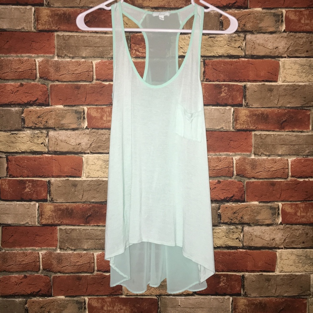 Teal asymmetrical tank top.